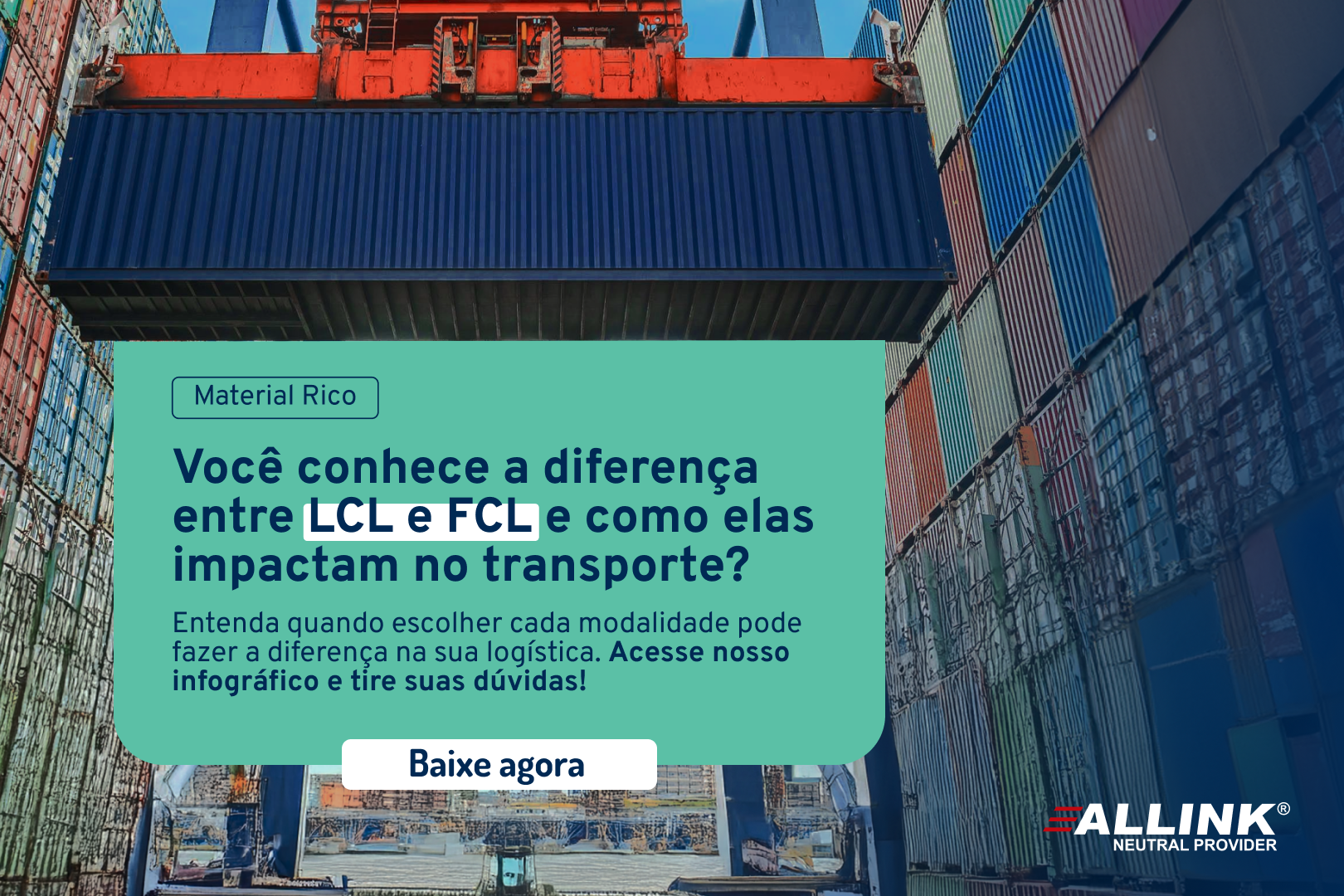 Um anúncio da alllink mostra um contêiner sendo içado por um guindaste