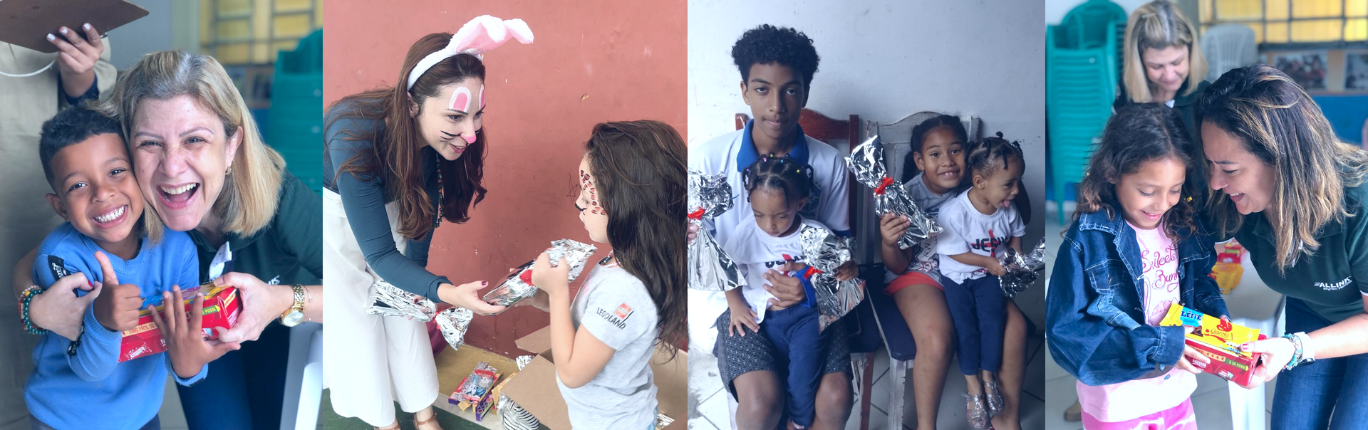 Uma colagem de imagens mostra uma mulher segurando a mão de uma criança