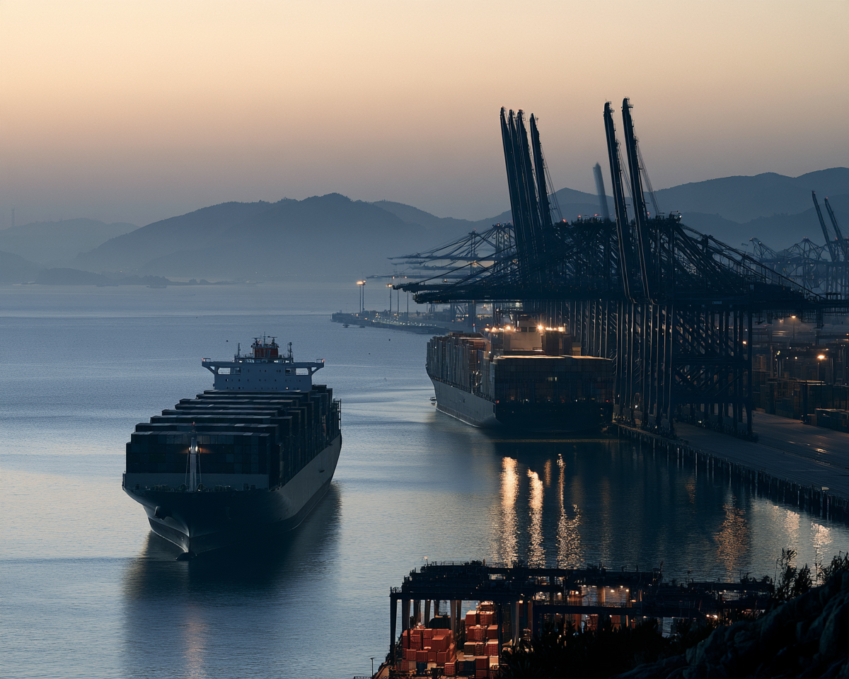 Navio de carga próximo a porto com montanhas ao fundo.