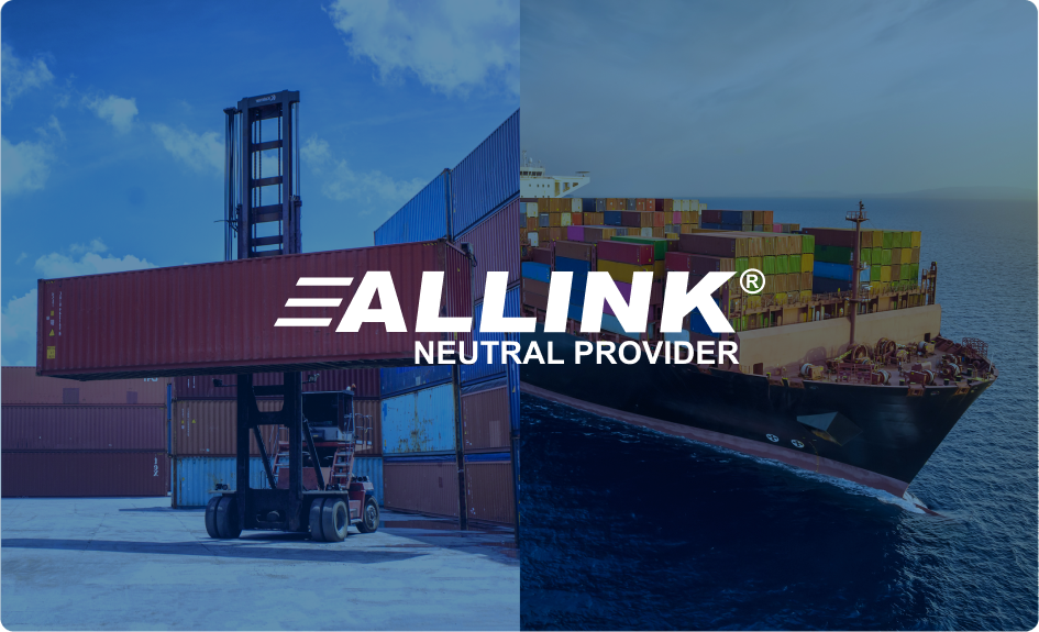 A picture of a shipping container and a ship that says alllink neutral provider