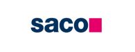 O logotipo da saco é azul e rosa em um fundo branco.