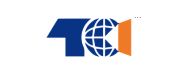 Um logotipo azul e laranja com um globo e um livro.