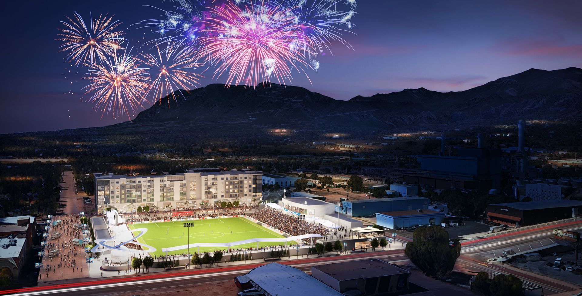 An aerial view of The Epicenter with fireworks going off in the background