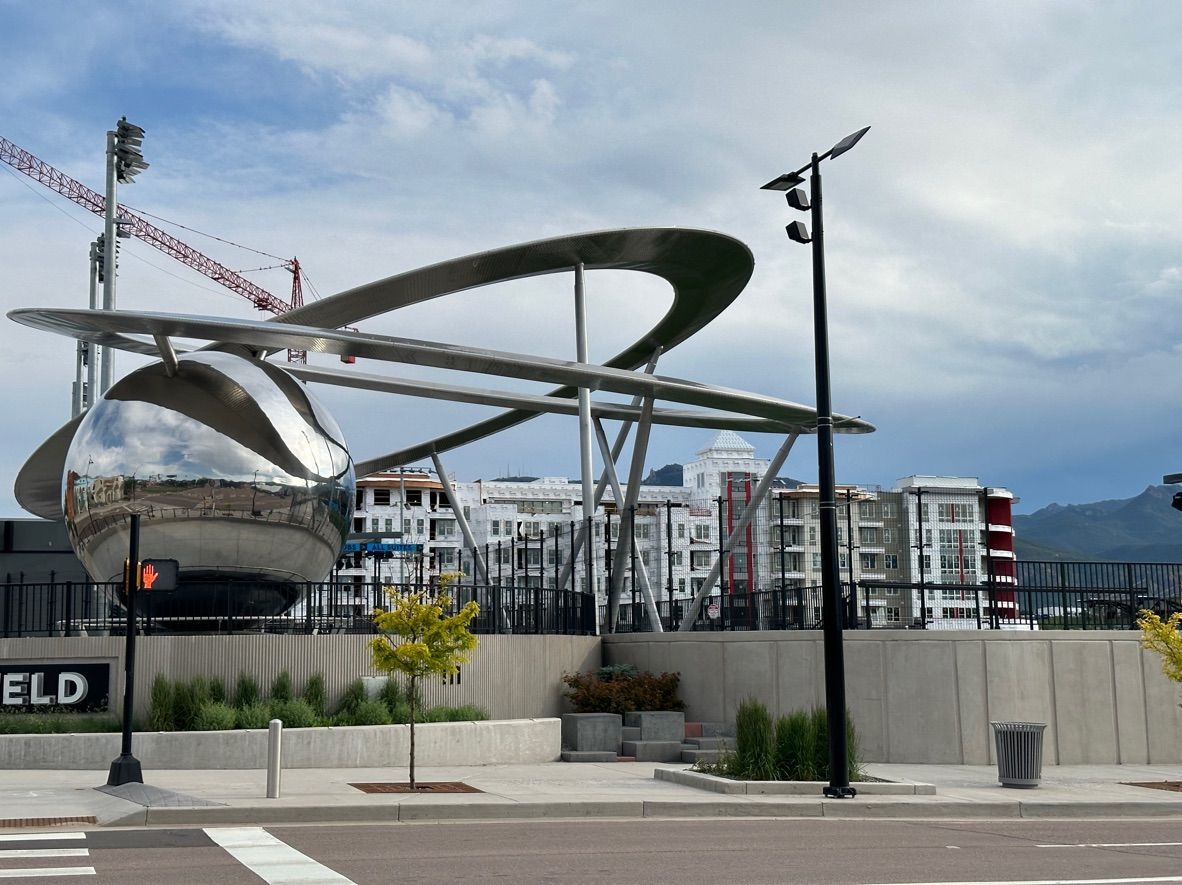 A large sculpture is in the middle of The Epicenter