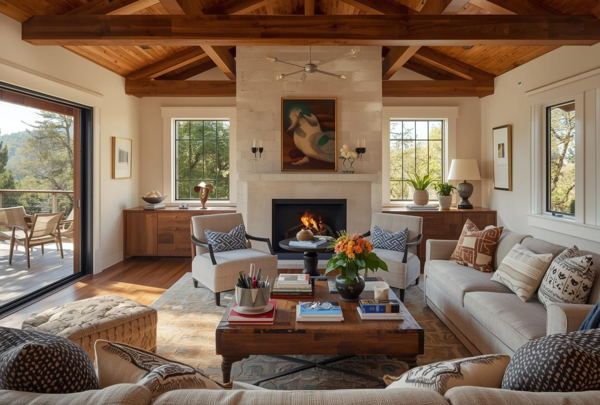 A spacious open-concept living room with exposed wooden beam ceiling, fireplace with cream surround and active fire, and