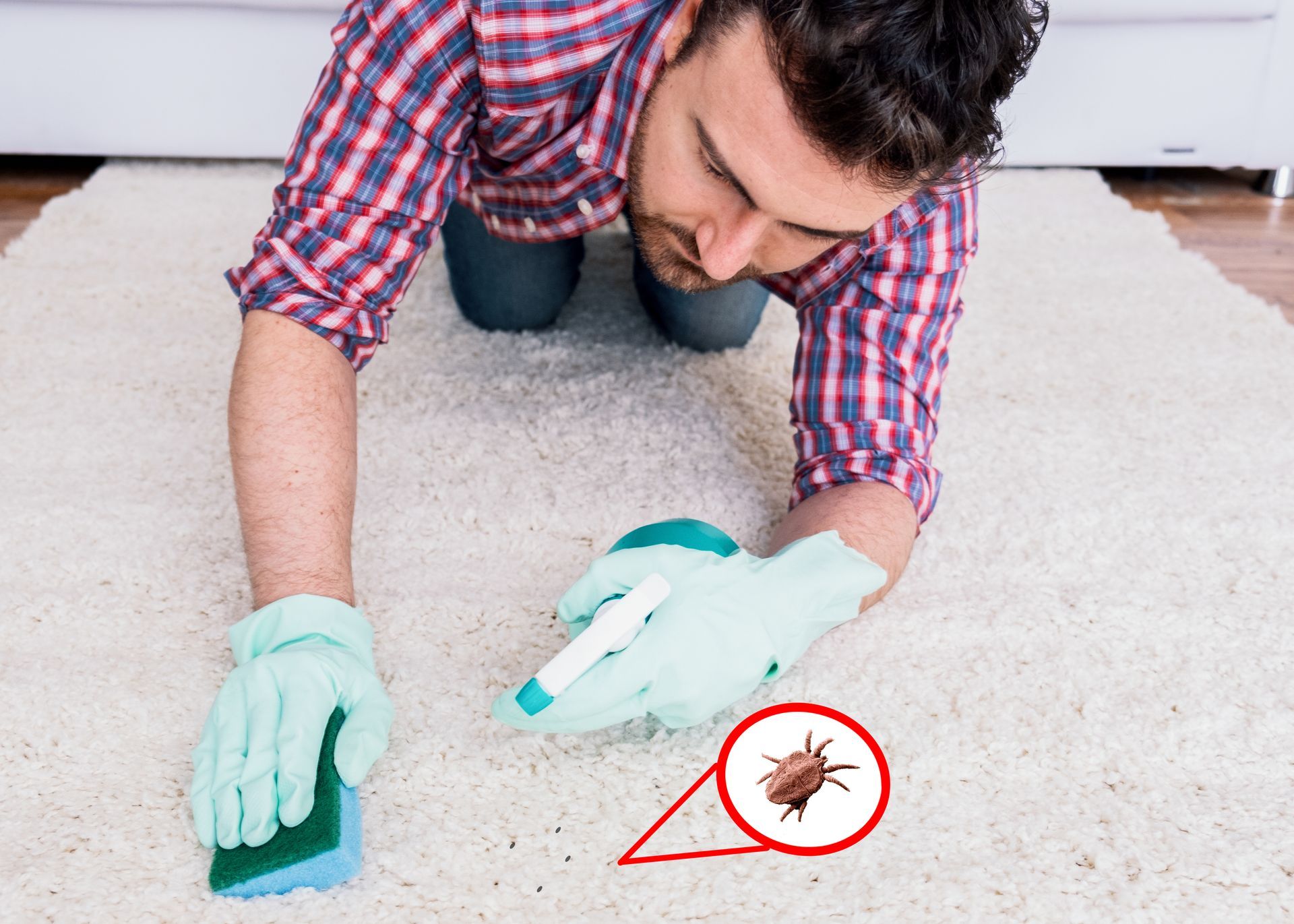 Wiping wooden white carpet and floor with a sponge