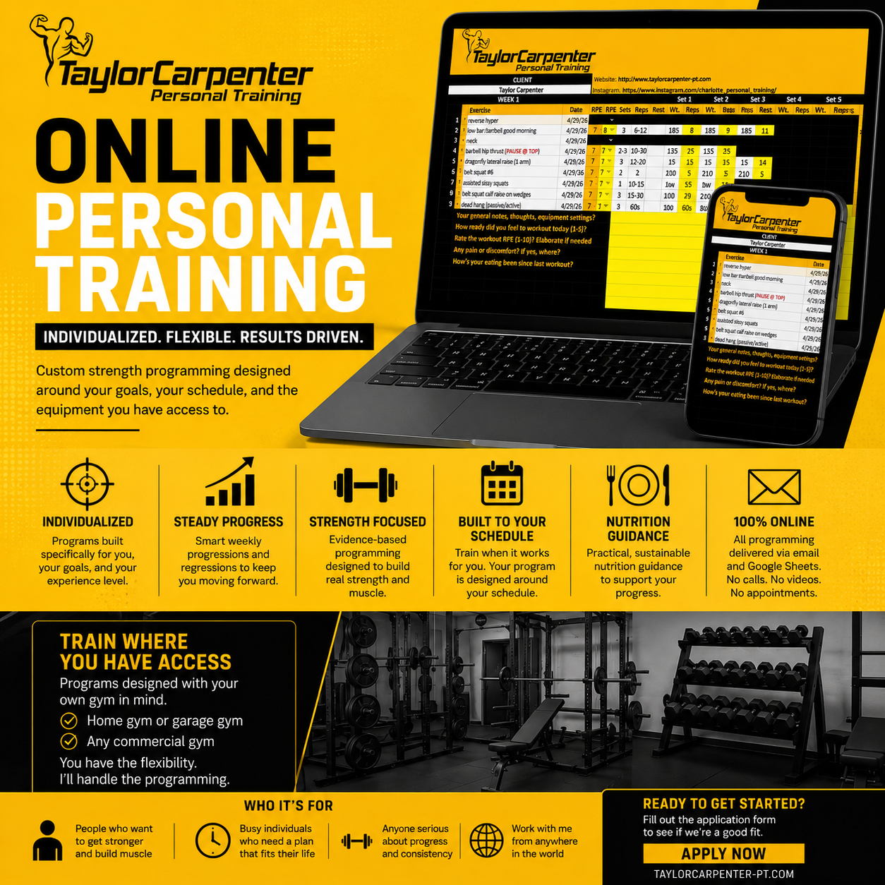 Custom online personal training and strength programming designed around your goals, schedule, and available gym equipment.