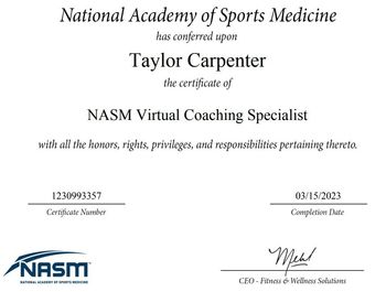 NASM certificate for Taylor Carpenter, Virtual Coaching Specialist, with dates and signatures