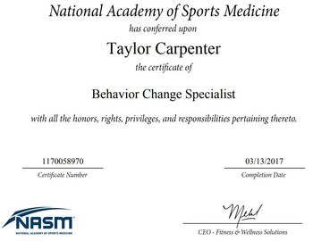 NASM Behavior Change Specialist certificate with Taylor Carpenter’s name and certification details