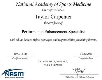 NASM certificate for Taylor Carpenter, Performance Enhancement Specialist, with signatures and dates on white background