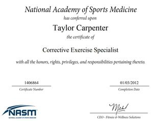 NASM Corrective Exercise Specialist certificate with Taylor Carpenter's name and signature
