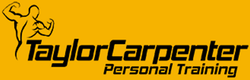 TaylorCarpenter Personal Training logo with black text and flexing figure on a yellow background
