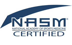 NASM Certified logo in blue and white with National Academy of Sports Medicine text