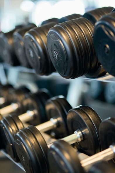 Rows of black dumbbells on a gym rack, close-up view