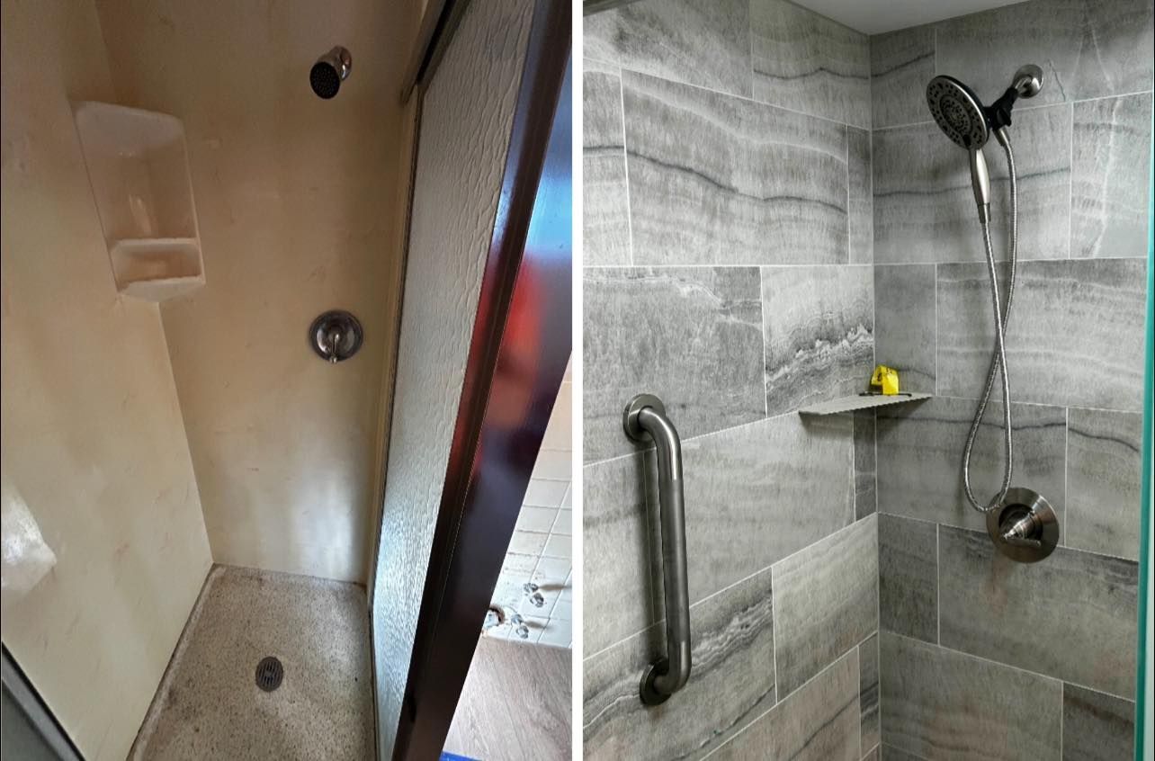 Shower renovation before/after: old beige shower vs. new gray tile shower with a grab bar, handheld showerhead, and shelf.