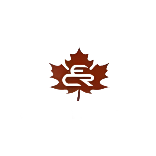 Brown maple leaf logo with white letters 