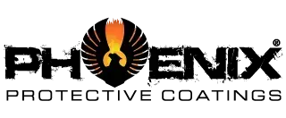 Logo for Phoenix Protective Coatings. Text is black and distressed, featuring a phoenix symbol in orange and black.