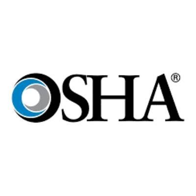 OSHA logo: Black text with a symbol of two concentric circles, one blue and one gray.