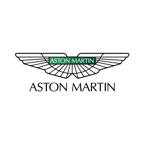Aston Martin logo with silver wings, green center banner, and black text on a white background