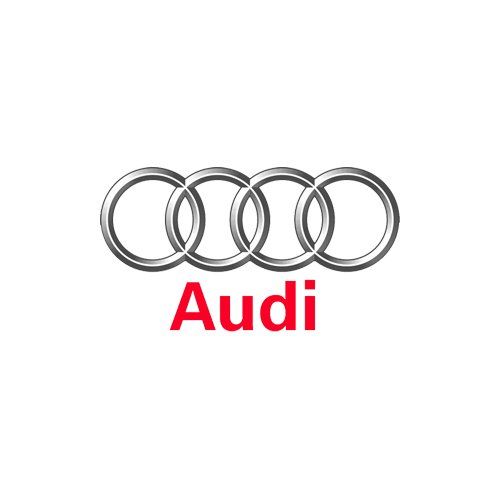Audi logo with four gray rings and red “Audi” text on a white background