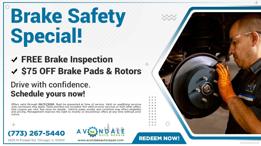 Brake Safety Special ad with mechanic inspecting brakes.