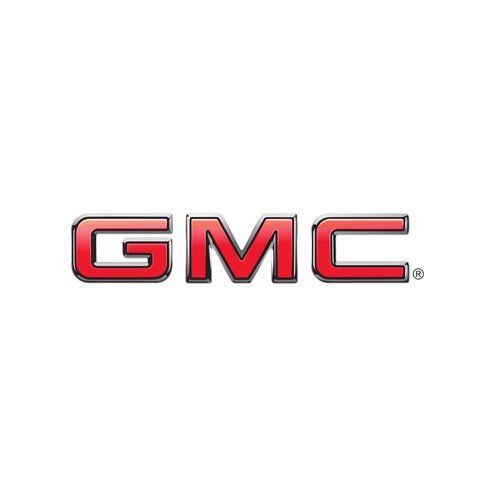 Red GMC logo in metallic red letters on a white background