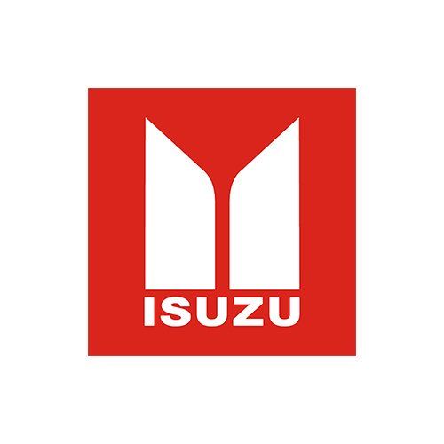 Isuzu logo in white on a red square background