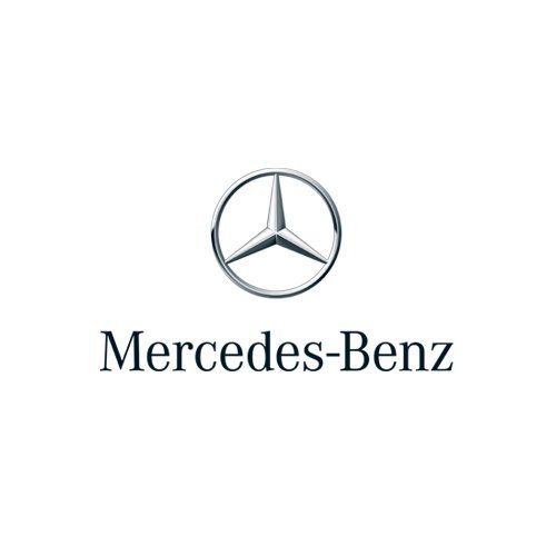 Mercedes-Benz logo with silver emblem and black text on white background