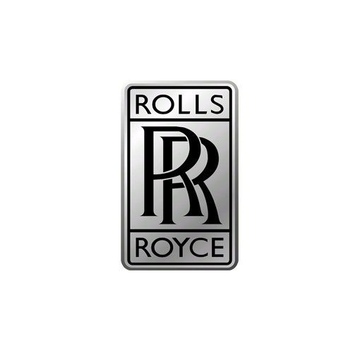 Rolls-Royce logo with black monogram on a silver rectangular emblem