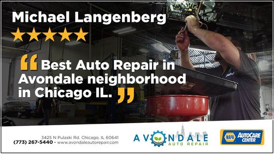 Michael Langenberg ad: 5-star auto repair in Avondale neighborhood in Chicago, IL, with mechanic under car