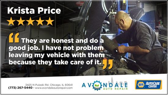 Krista Price testimonial over mechanic working on vehicle at Avondale Auto Service and Tire.