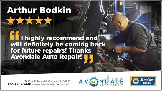 Happy customer testimonial for Avondale Auto Repair with mechanic working in a shop