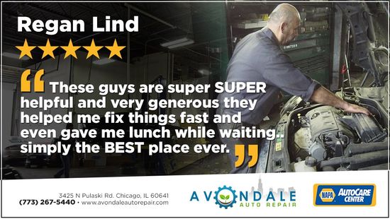 Customer testimonial graphic with a worker repairing equipment, yellow stars, and Regan Lind quote text.