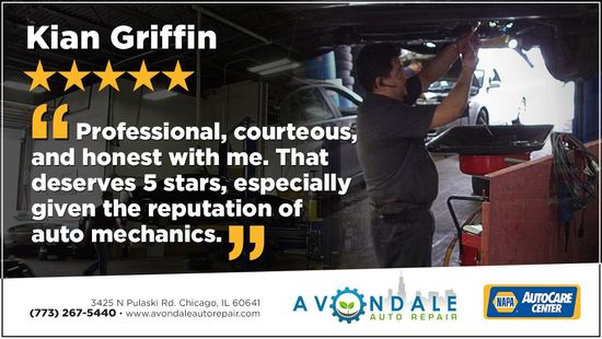 Kian Griffin testimonial with five gold stars and a mechanic working on a car at Avondale Auto Group