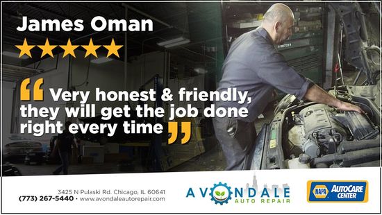 James Oman testimonial banner with star rating and quote over a worker beside a vehicle at AvonDale