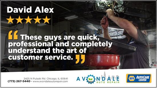 David Alex testimonial over a mechanic working under a car at Avondale Auto logo background