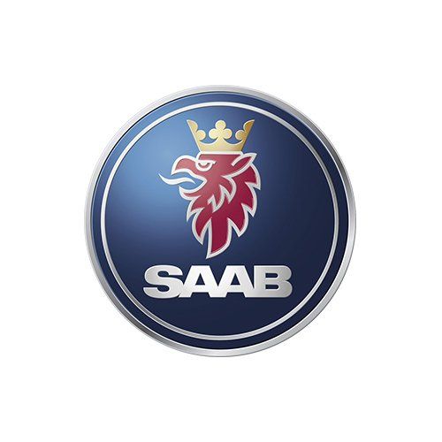 SAAB logo with crowned griffin in a blue circular emblem