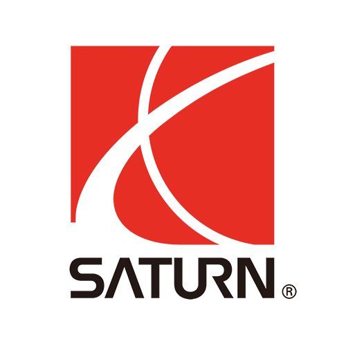Saturn logo with red square and white swooshes above black “SATURN” text