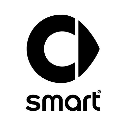 Smart car logo in black with the word “smart” below it on a white background