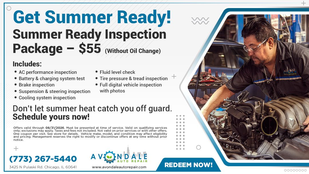 Summer Ready Inspection Package – $55 Summer A/C service ad: technician repairs car engine.