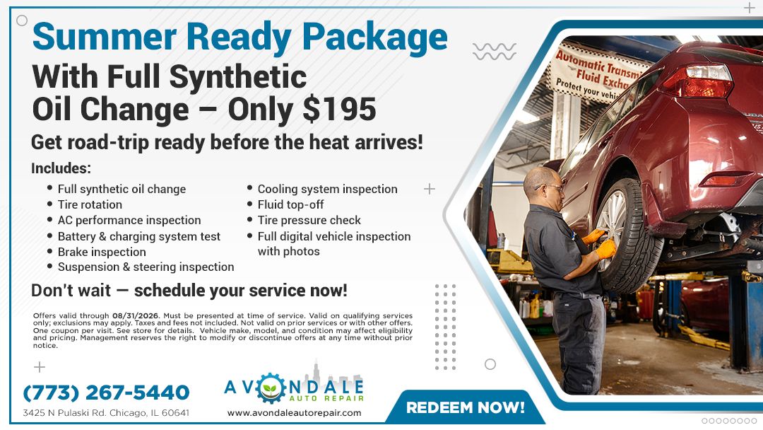 Oil change ad: Summer Ready Package with full synthetic oil change, $195, at Aamco, with mechanic under a car.