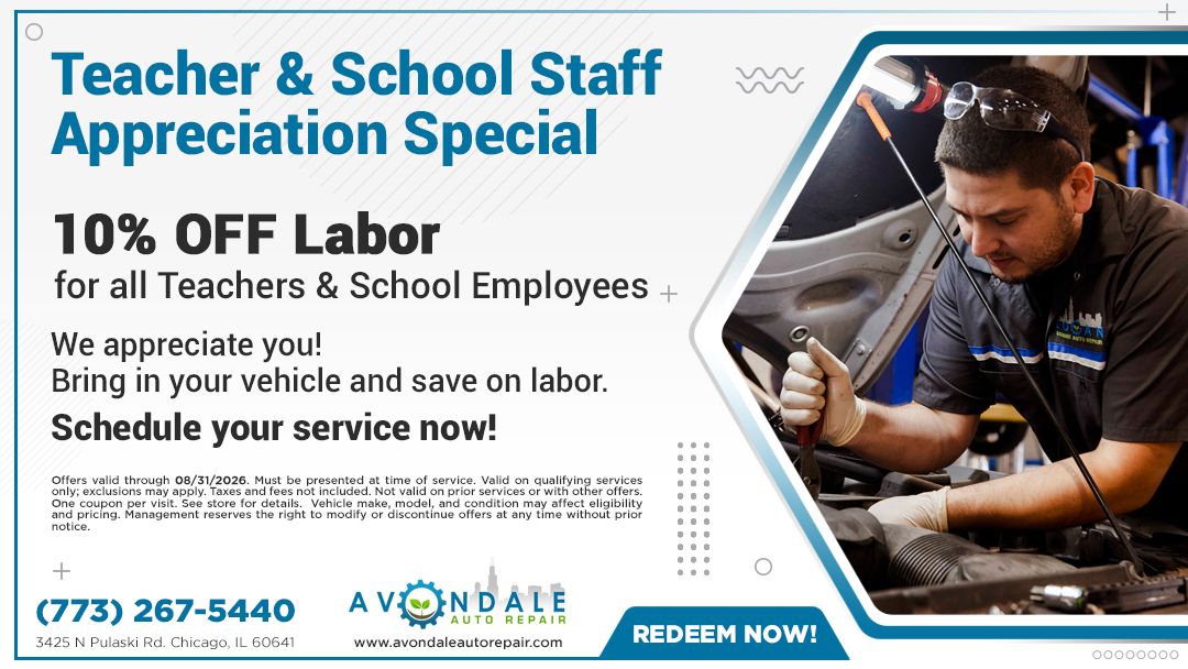 Teacher and School Staff Appreciation Special ad, 10% off labor, mechanic working on car, blue and white design