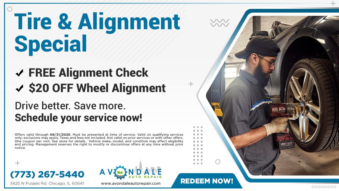 Tire and alignment special ad with mechanic checking a wheel beside $20 off offer and phone number