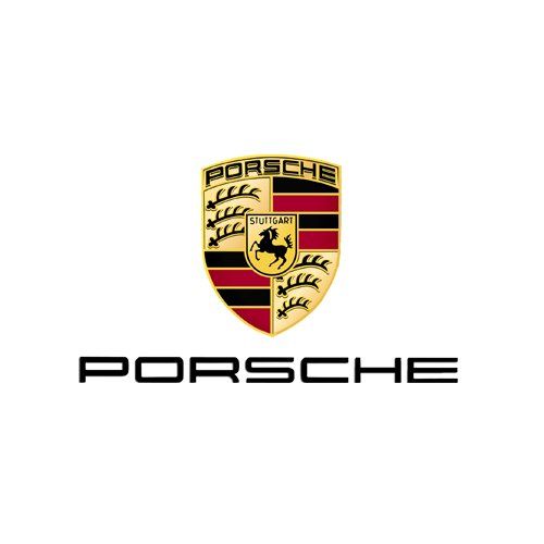 Porsche crest and wordmark in black and gold on a white background