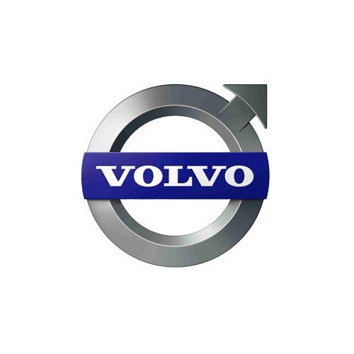Volvo logo: blue wordmark on a silver circular emblem with an arrow at the top right