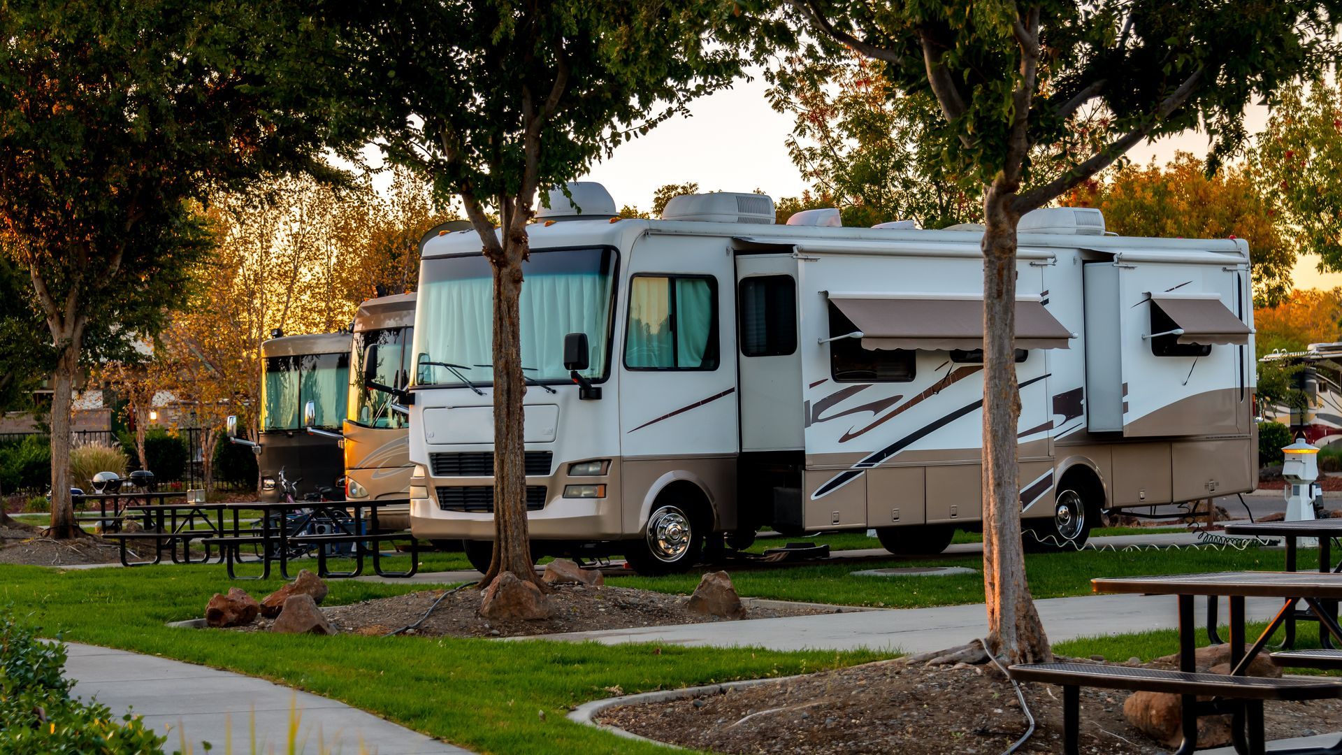 RV parked at a long term RV camping site with full hookups