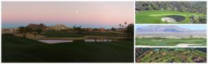 Golf course scene at dusk. Pink and purple sky over a green landscape with water and distant mountains.