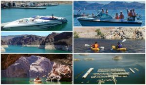 Boats on water: A speedboat, a leisure boat with people, kayakers, a person in a small boat, a large marina.