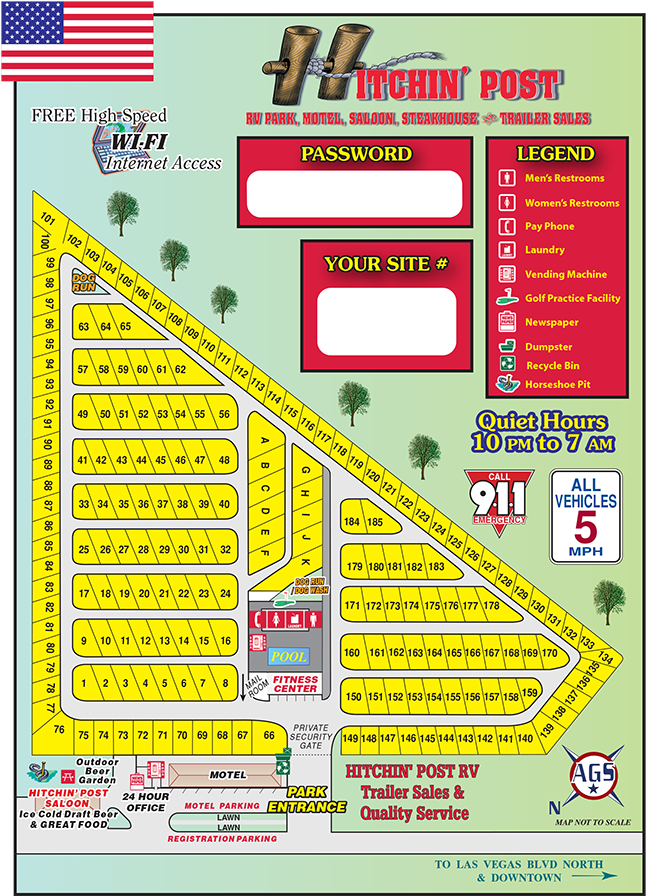 Campsite map with numbered sites, labeled amenities, and U.S. flag at the top.