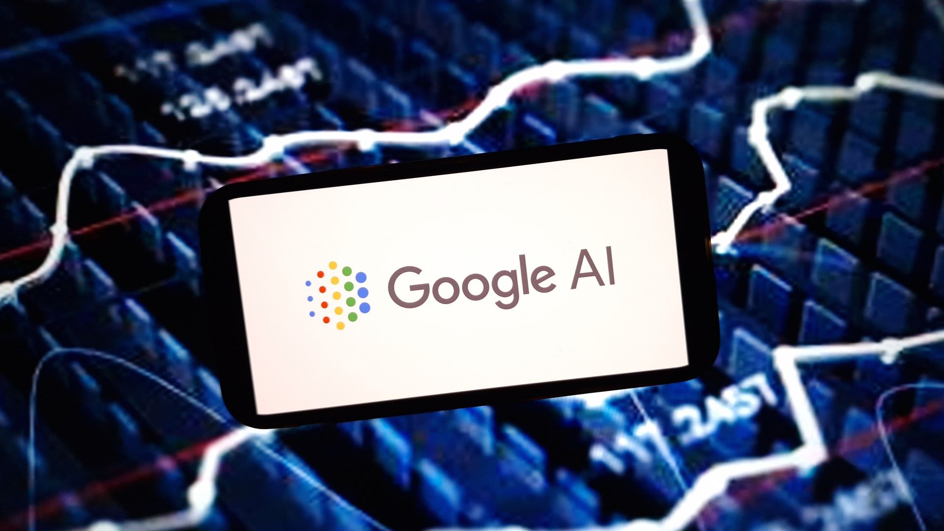 Google AI logo on a phone screen, set against a blue stock market chart.